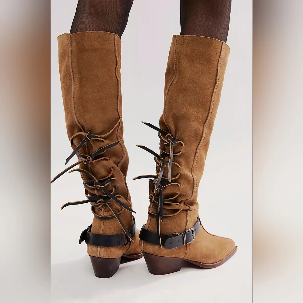 Free People Lace Sway Slouchy Women’s Military Taupe Western Boots Sz 7.5 NEW